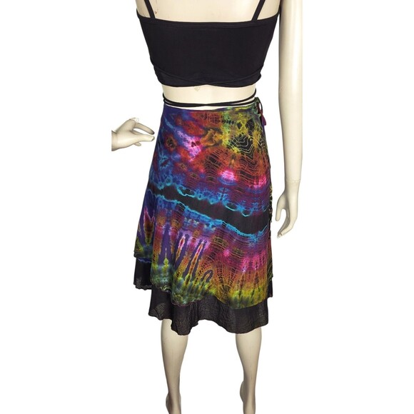 VTG Kathmandu Imports Rainbow Black Tie-Dye Wrap Skirt Festival 100% Cotton OSFM - Picture 5 of 8
